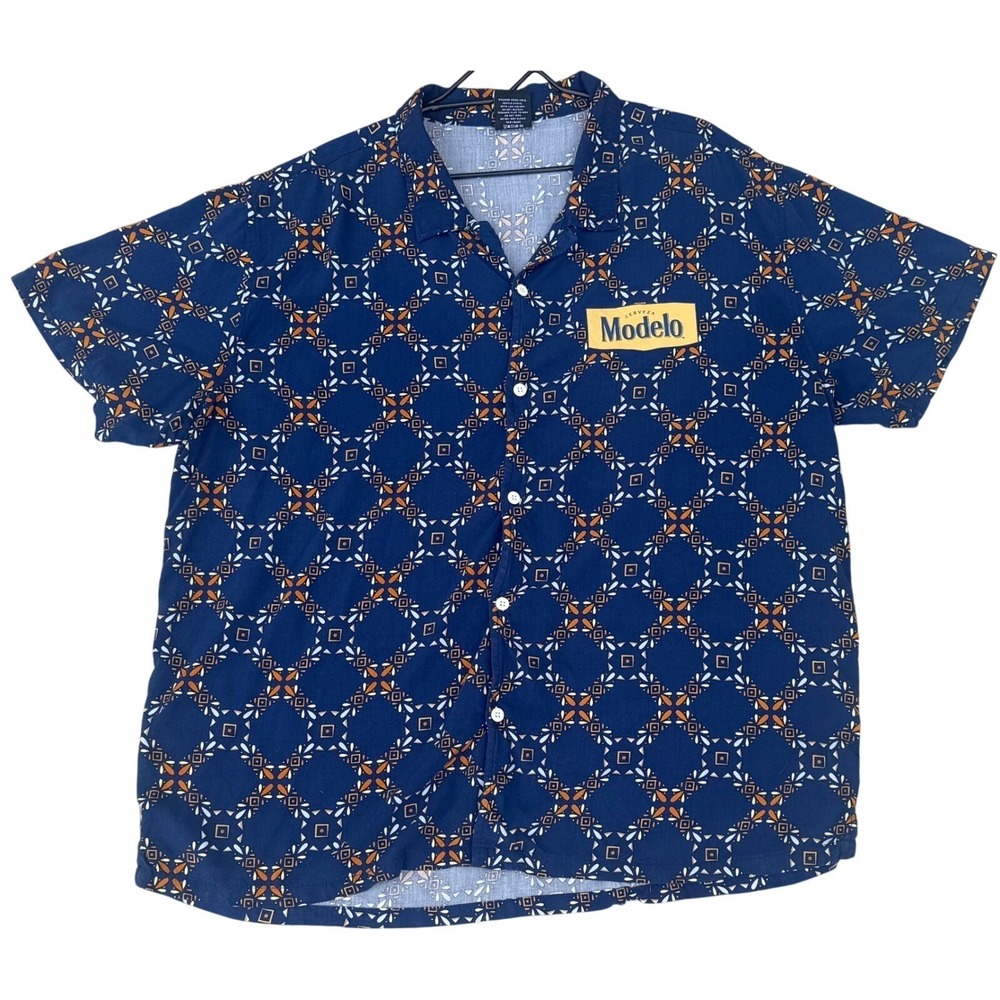 Modelo Especial Beer Navy Blue Geometric Print Short Sleeve Button Down Shirt XL